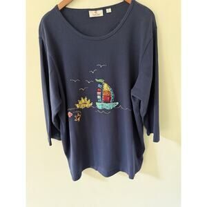 Quacker Factory Sequined Top Blue 2X Long Sleeve Cotton Sailboat Embroidered